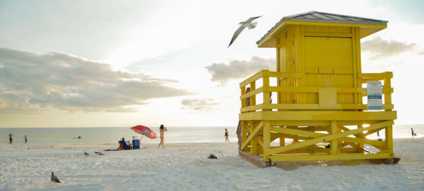 world famous Siesta Beach yellow lifeguard stand